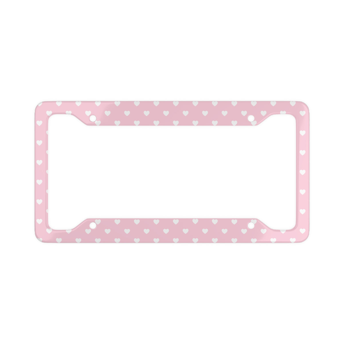 Pink aluminum license plate frame with white heart polka dot pattern, front view on white background
