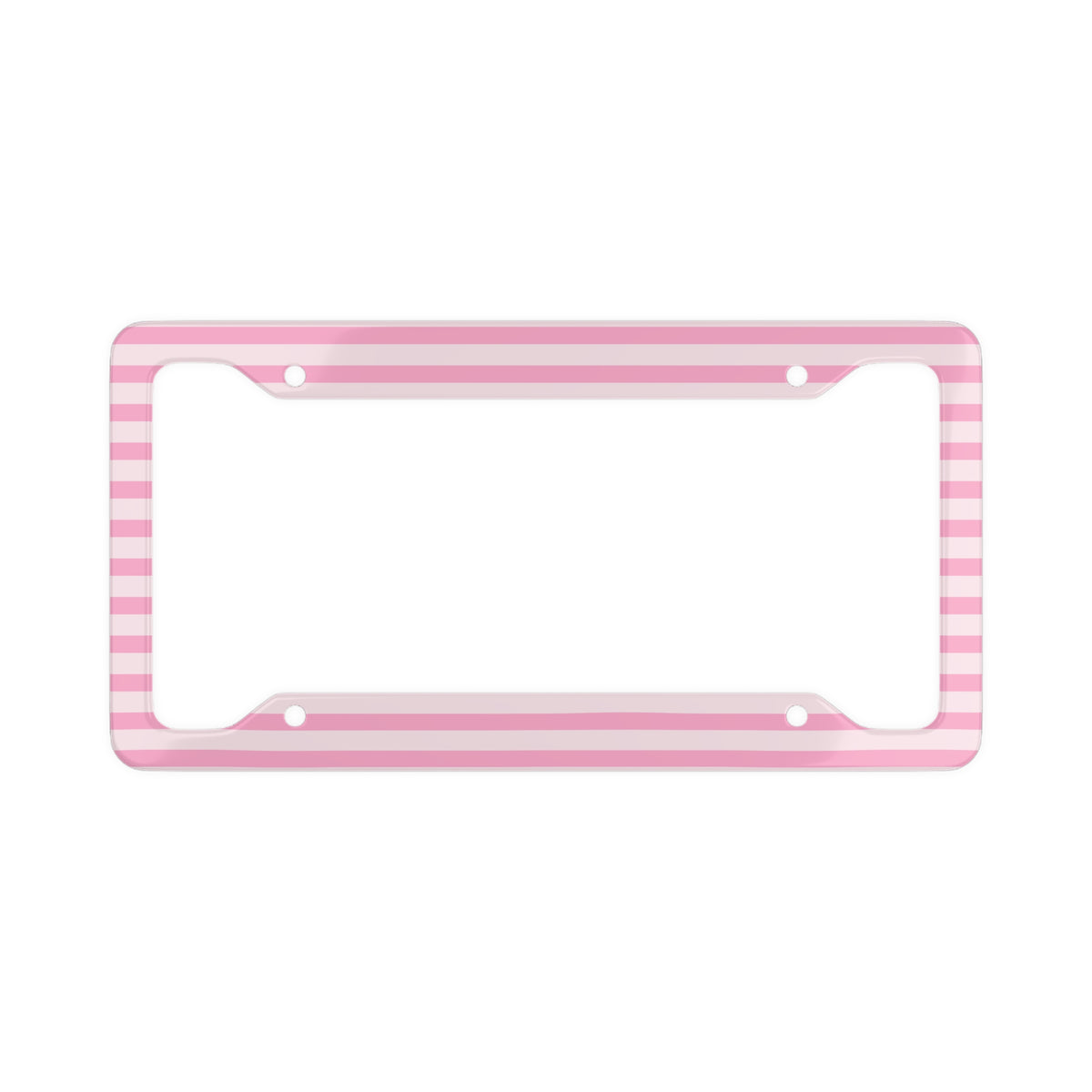 A pink and lighter pink striped license plate frame with a glossy finish, shown against a plain white background.