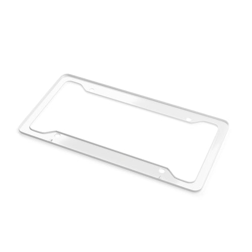 Clear plastic license plate frame on a white background